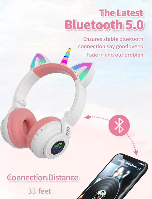 Alt view image 5 of 5 - YUSONIC Unicorn Kids Headphones for Girls,Unicorn Bluetooth Headphones Foldable for Girls Toddlers Tablet/pad/ fire,Light Up Kids Wireless Headphone Birthday Gifts (white pink)