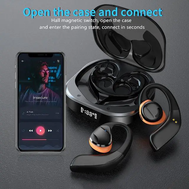 Alt view image 2 of 5 - Open Ear Headphones, Open Ear True Wireless Earbuds Bluetooth 5.3 [70hrs Long Playtime] Air Conduction Headphones with Earhooks, Charging Case & LED Display, Waterproof Headphones for Running, Workout