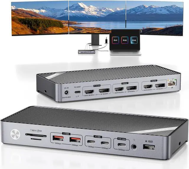 Main image of Minisopuru DisplayLink Docking Station 3 Monitors with 140W Charger, 30W Charging, 8K/4K USB C Docking Station for MacBook,Thunderbolt 4/3, Windows(3X HDMI,3X DisplayPort,5X USB Data & Charge,TF/SD)
