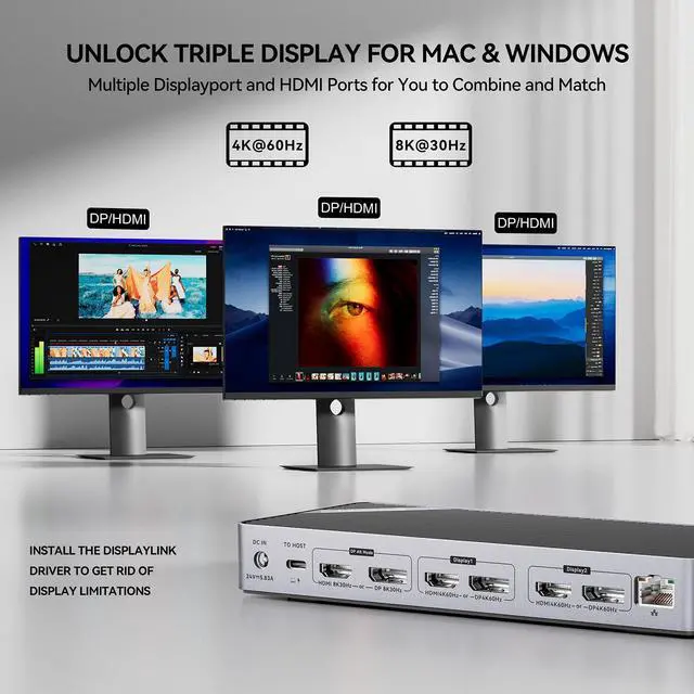 Alt view image 3 of 5 - Minisopuru DisplayLink Docking Station 3 Monitors with 140W Charger, 30W Charging, 8K/4K USB C Docking Station for MacBook,Thunderbolt 4/3, Windows(3X HDMI,3X DisplayPort,5X USB Data & Charge,TF/SD)