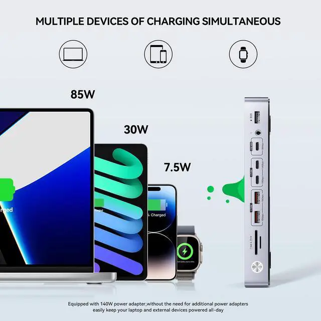 Alt view image 4 of 5 - Minisopuru DisplayLink Docking Station 3 Monitors with 140W Charger, 30W Charging, 8K/4K USB C Docking Station for MacBook,Thunderbolt 4/3, Windows(3X HDMI,3X DisplayPort,5X USB Data & Charge,TF/SD)