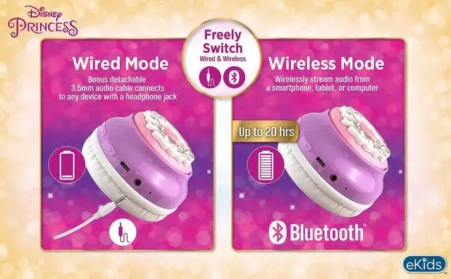 Alt view image 5 of 5 - eKids Disney Princess Bluetooth Headphones with EZ Link, Wireless Headphones with Microphone and Aux Cord, Kids Earphones for School, Home, or Travel