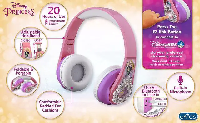 Alt view image 4 of 5 - eKids Disney Princess Bluetooth Headphones with EZ Link, Wireless Headphones with Microphone and Aux Cord, Kids Earphones for School, Home, or Travel