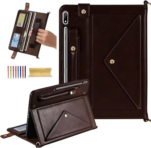 Main image of Dteck Case for Galaxy Tab S9 FE Plus/S9+/S8+/S7 FE/S7+ 12.4" Tablet,PU Leather Folding Business Stand Smart Cover with S Pen Holder Auto Sleep/Wake Shoulder Hand Strap Handbag Protective Cover,Brown