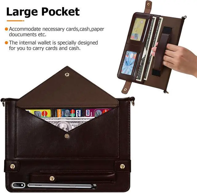 Alt view image 3 of 5 - Dteck Case for Galaxy Tab S9 FE Plus/S9+/S8+/S7 FE/S7+ 12.4" Tablet,PU Leather Folding Business Stand Smart Cover with S Pen Holder Auto Sleep/Wake Shoulder Hand Strap Handbag Protective Cover,Brown