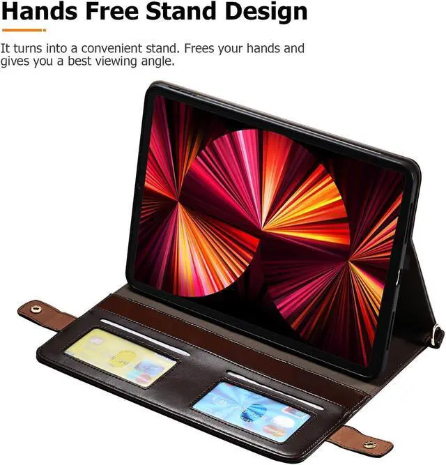 Alt view image 4 of 5 - Dteck Case for Galaxy Tab S9 FE Plus/S9+/S8+/S7 FE/S7+ 12.4" Tablet,PU Leather Folding Business Stand Smart Cover with S Pen Holder Auto Sleep/Wake Shoulder Hand Strap Handbag Protective Cover,Brown