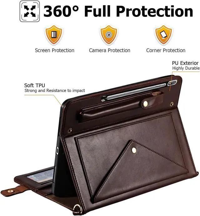 Alt view image 5 of 5 - Dteck Case for Galaxy Tab S9 FE Plus/S9+/S8+/S7 FE/S7+ 12.4" Tablet,PU Leather Folding Business Stand Smart Cover with S Pen Holder Auto Sleep/Wake Shoulder Hand Strap Handbag Protective Cover,Brown