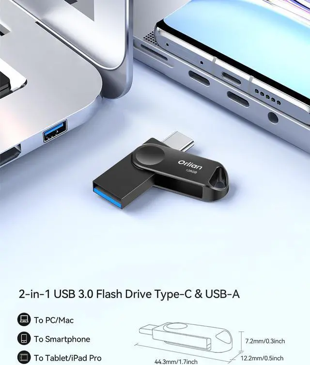 Alt view image 2 of 4 - Orlian 128GB 2-Pack USB C Flash Drive, Dual Drive USB 3.0 and Type C Thumb Drive Up to 110MB/s Read Metal Waterproof Portable for PC Laptop Tablet Android Smartphone iPhone 15 and More, Black