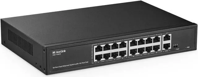 Main image of MokerLink 16 Port PoE Switch, 2 Gigabit Uplink, 200W IEEE802.3af/at, VLAN & Extend, Metal Rackmount Unmanaged Plug and Play Ethernet Switch