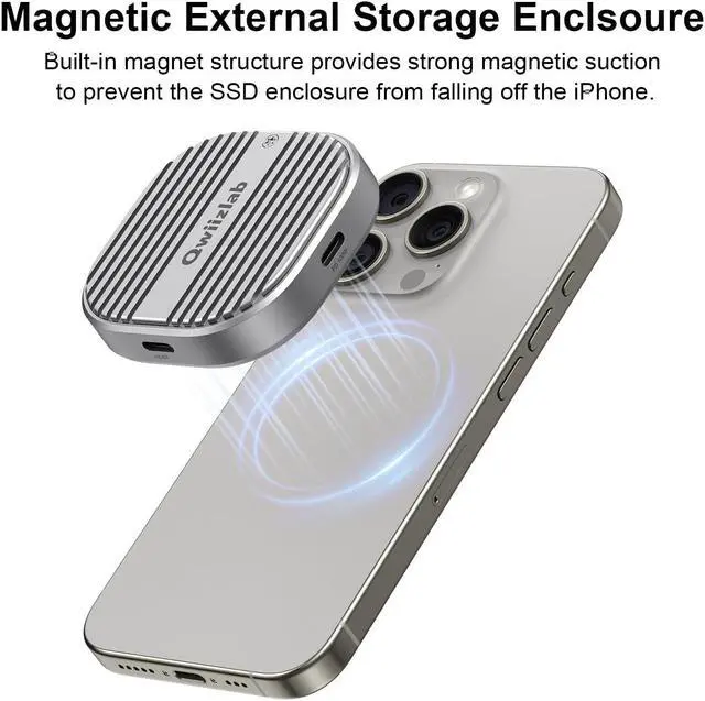 Alt view image 2 of 5 - QWIIZLAB Magnetic M.2 NVMe SSD Enclosure with Magsafe for iPhone 15 Pro Max ProRes, 10Gbps USB 3.2 Type-C, Fits 2230 M-Key up to 2TB, Supports PCIe UASP, Rugged Aluminum Chassis (Gray)