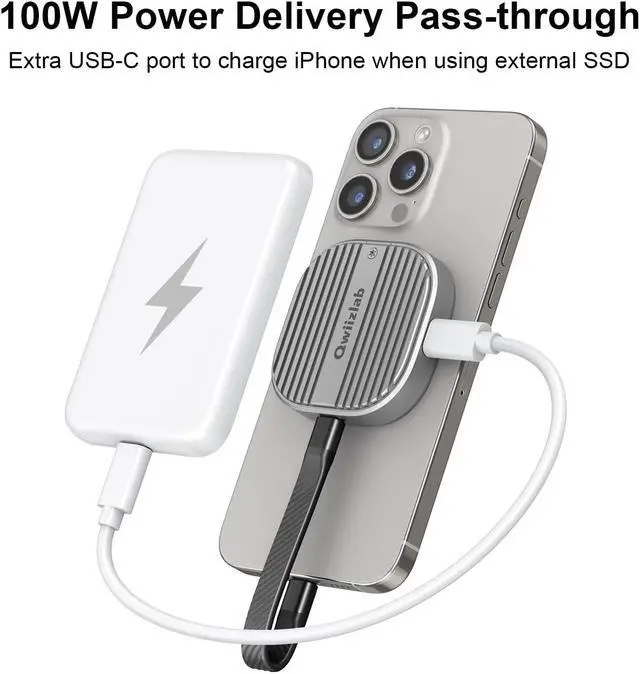 Alt view image 4 of 5 - QWIIZLAB Magnetic M.2 NVMe SSD Enclosure with Magsafe for iPhone 15 Pro Max ProRes, 10Gbps USB 3.2 Type-C, Fits 2230 M-Key up to 2TB, Supports PCIe UASP, Rugged Aluminum Chassis (Gray)