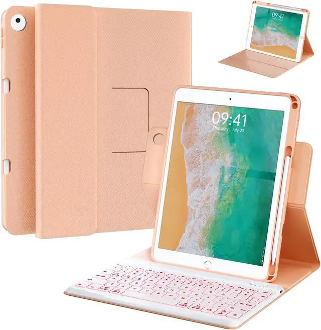 Main image of Keyboard Case for iPad 9.7 inch 5th 6th Generation,360° Rotatable iPad Air 2 Keyboard Case with Pencil Holder(2018/2017/2014),7 Color Backlit Bluetooth Keyboard Smart Folio Tablet Cover(Rose Gold)
