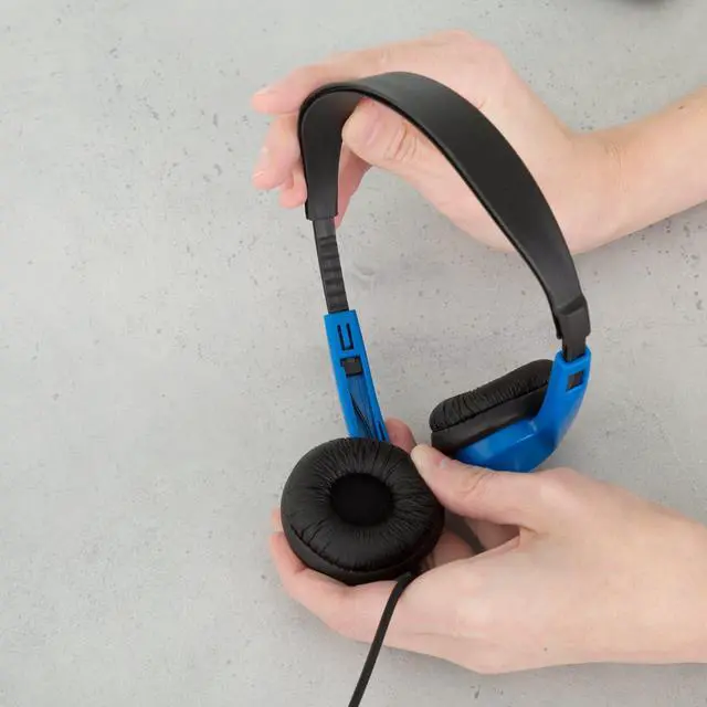 Alt view image 5 of 5 - Egghead Heavy-Duty Kids' Stereo Headphones with Padded Ear Cups and 4' Cord, Adjustable Tangle-Free Stereo School Headphones, Pack of 20, Blue