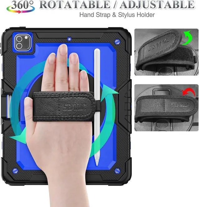 Alt view image 3 of 5 - SEYMAC stock Case for iPad Pro 12.9'' 2022/2021/2020/2018 with Screen Protector 360 Rotating Stand Hand Strap, Drop-Proof Case for iPad Pro 12.9''(6th/5th/4th/3rd Generation), Blue/Black