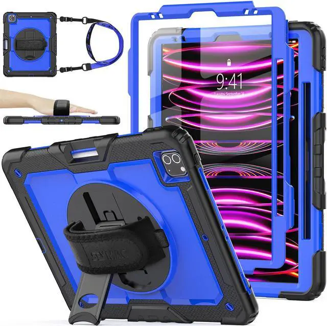 Main image of SEYMAC stock Case for iPad Pro 12.9'' 2022/2021/2020/2018 with Screen Protector 360 Rotating Stand Hand Strap, Drop-Proof Case for iPad Pro 12.9''(6th/5th/4th/3rd Generation), Blue/Black