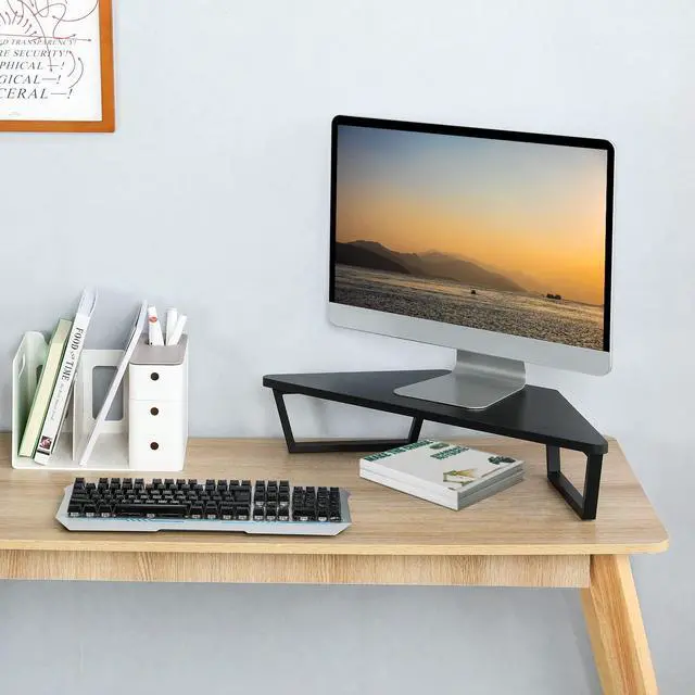 Alt view image 2 of 5 - TEAMIX 26 inch Triangle Monitor Stand Riser, Desktop Corner Shelf with Metal Leg Wood Computer Stand with Storage Laptop Riser Office Organization