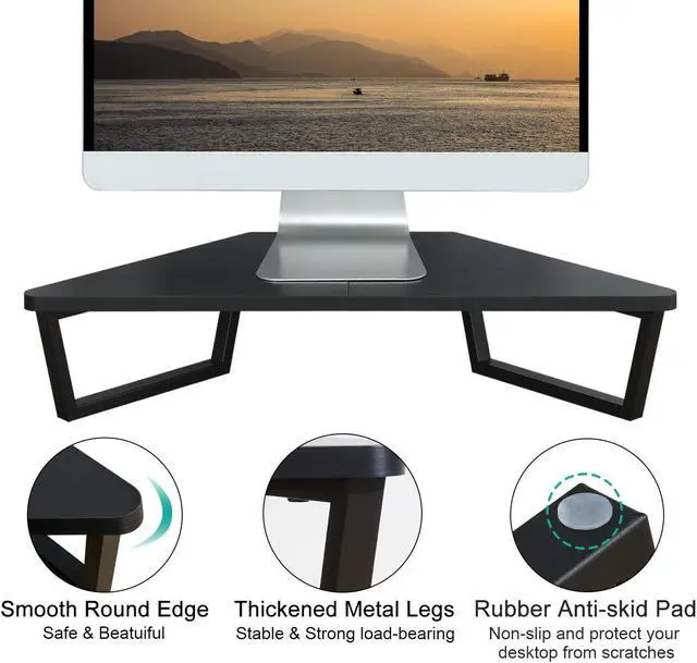 Alt view image 4 of 5 - TEAMIX 26 inch Triangle Monitor Stand Riser, Desktop Corner Shelf with Metal Leg Wood Computer Stand with Storage Laptop Riser Office Organization