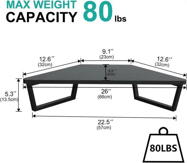 Alt view image 5 of 5 - TEAMIX 26 inch Triangle Monitor Stand Riser, Desktop Corner Shelf with Metal Leg Wood Computer Stand with Storage Laptop Riser Office Organization