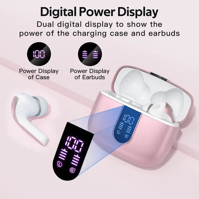 Alt view image 2 of 5 - TAGRY 2 Sets X08 Pink and White Bluetooth Headphones True Wireless Earbuds 60H Playback Ear Buds with Wireless Charging Case in-Ear Earbuds with Mic