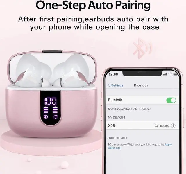 Alt view image 5 of 5 - TAGRY 2 Sets X08 Pink and White Bluetooth Headphones True Wireless Earbuds 60H Playback Ear Buds with Wireless Charging Case in-Ear Earbuds with Mic
