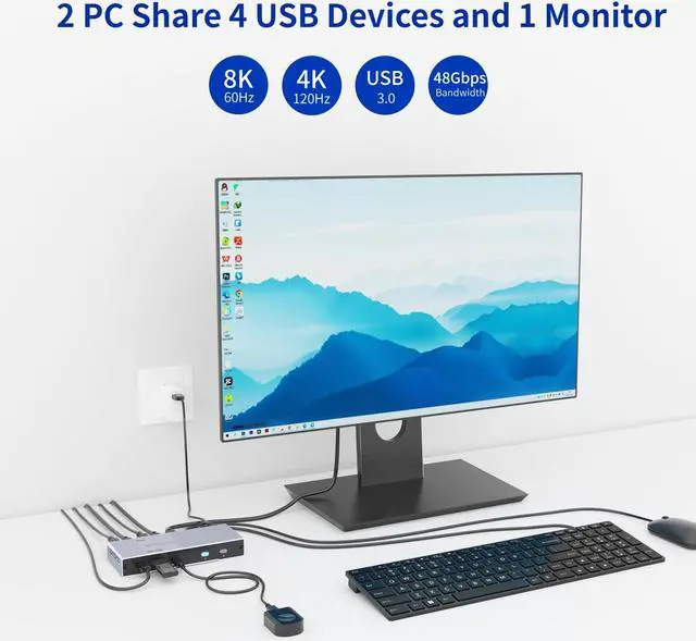 Alt view image 2 of 5 - Yinker 8K HDMI KVM Switch 2 Port, 8K@60Hz HDMI 2.1 KVM Switch for 2 Computers 1 Monitor 4 USB3.0 Hubs, Supports 4K@120Hz, 2K@144Hz, 1080P@240Hz (2 USB 3.0 Cable Included)