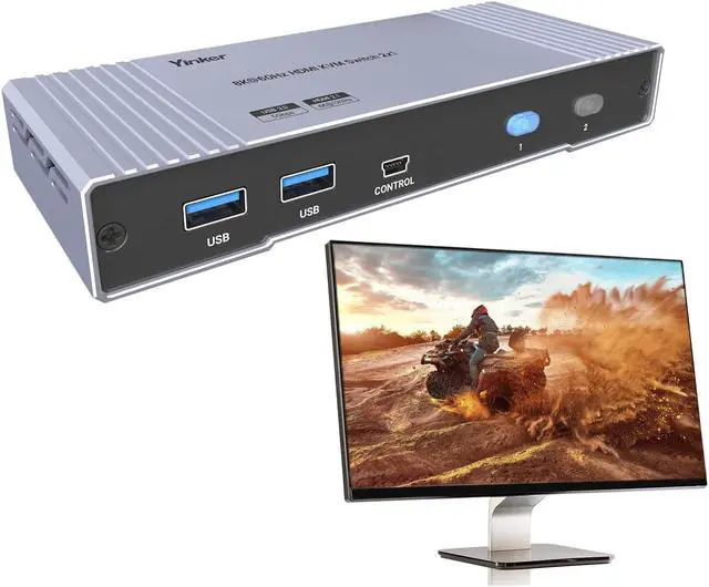 Main image of Yinker 8K HDMI KVM Switch 2 Port, 8K@60Hz HDMI 2.1 KVM Switch for 2 Computers 1 Monitor 4 USB3.0 Hubs, Supports 4K@120Hz, 2K@144Hz, 1080P@240Hz (2 USB 3.0 Cable Included)