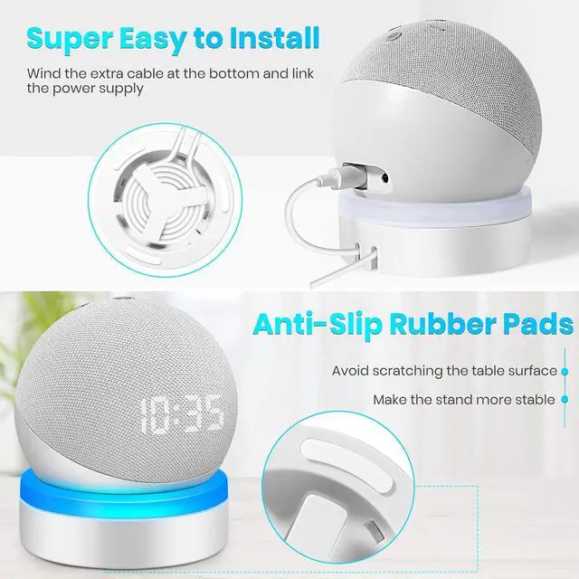 Alt view image 5 of 5 - ZUOLACO Table Holder for Echo Dot 4th/5th Generation, Stand Mount Base with Light Guide for Echo Dot 4th/5th Gen, Built-in Cable Management(2pack,White)