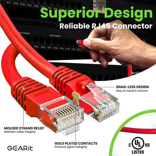 Alt view image 4 of 5 - GearIT Cat 6 Ethernet Cable (24-Pack 3 Feet) Cat6 Network Patch, 10Gbps, RJ45, Snagless Cord, Gold-Plated Connectors, Internet for PC, TV, Tablet, Router, Printer, Servers, IT Data Center - Red