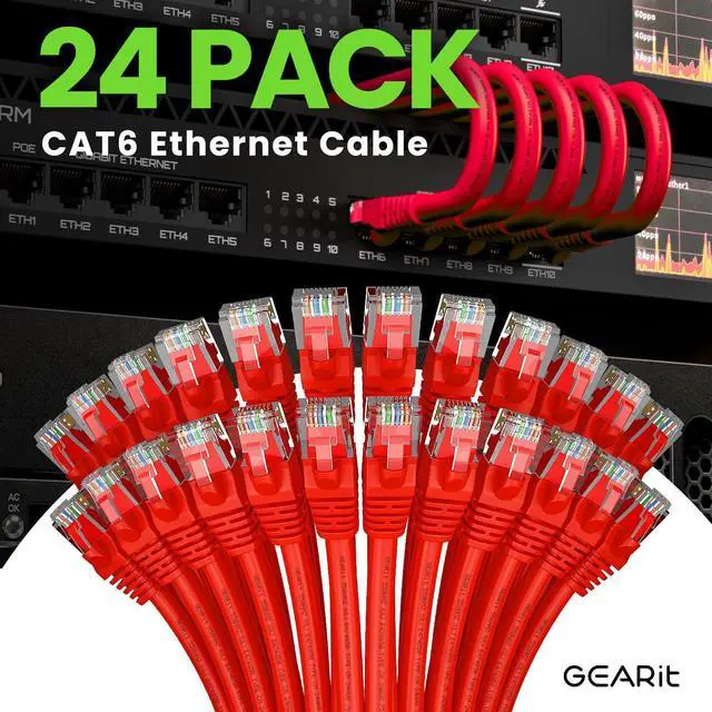 Alt view image 2 of 5 - GearIT Cat 6 Ethernet Cable (24-Pack 3 Feet) Cat6 Network Patch, 10Gbps, RJ45, Snagless Cord, Gold-Plated Connectors, Internet for PC, TV, Tablet, Router, Printer, Servers, IT Data Center - Red