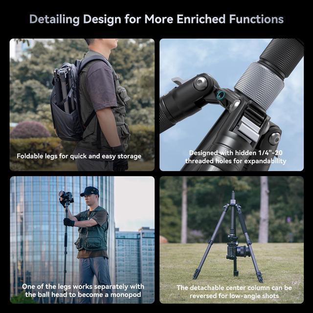 Alt view image 3 of 5 - SmallRig AP-20 Carbon Fiber Tripod, 62.2" Camera Tripod Monopod with Center Column, Compact Lightweight Tripod with 360deg Ball Head, Payload 26.5 lbs, Quick Release Plate, for DSLR Camera - 4059