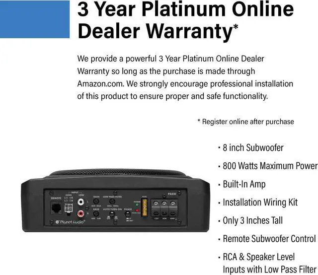 Alt view image 3 of 5 - Planet Audio P8AWK Low Profile 8 Inch Under Seat Powered Car Subwoofer - 800 High Output, Built-in Amplifier, for Truck, Boxes and Enclosures, Remote Subwoofer Control