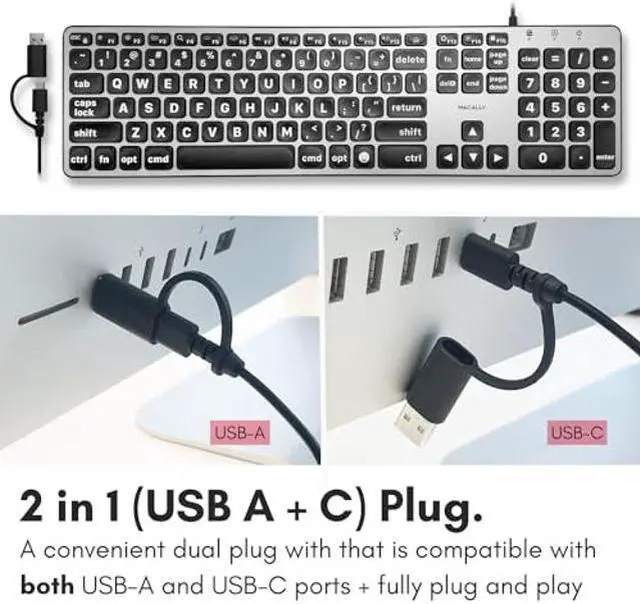 Alt view image 3 of 5 - Macally Wired Keyboard for Mac (USB C + A) - Large Print and Backlit Apple Keyboard Wired - 107 Key Full Size Large Letters USB C Keyboard for MacBook Pro/Air, Mac Mini, iMac