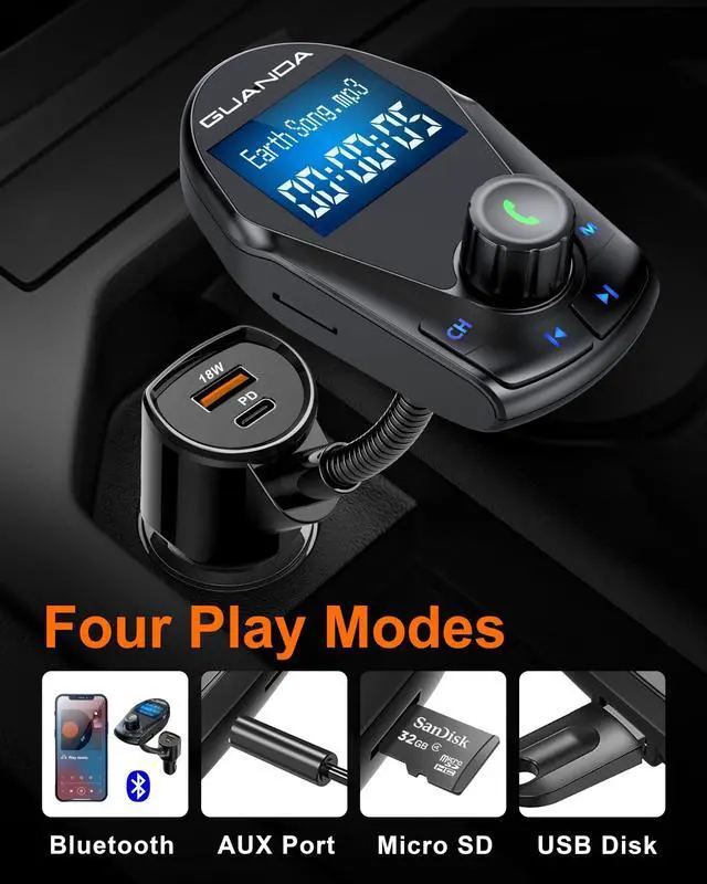Alt view image 2 of 5 - Bluetooth Transmitter Car Bluetooth Adapter, FM Transmitter Wireless Radio Adapter Kit 1.44" Display, MP3 Music Player, PD 30W Dual USB Port Charger Compatible for All Smartphones, Samsung Galaxy, LG