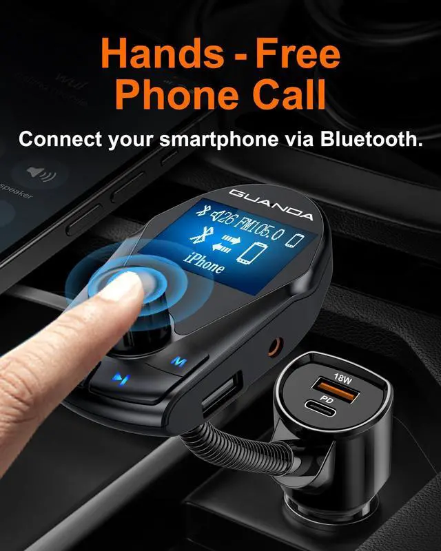 Alt view image 3 of 5 - Bluetooth Transmitter Car Bluetooth Adapter, FM Transmitter Wireless Radio Adapter Kit 1.44" Display, MP3 Music Player, PD 30W Dual USB Port Charger Compatible for All Smartphones, Samsung Galaxy, LG