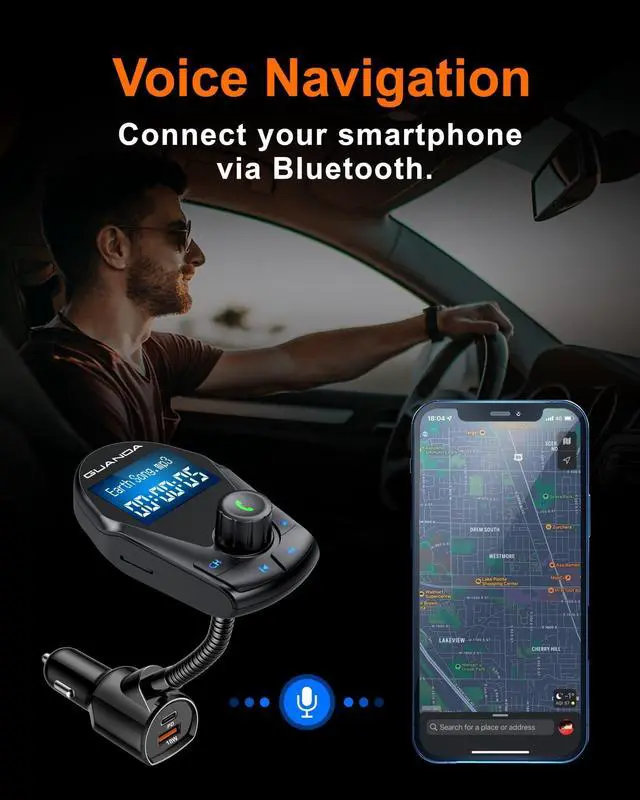Alt view image 5 of 5 - Bluetooth Transmitter Car Bluetooth Adapter, FM Transmitter Wireless Radio Adapter Kit 1.44" Display, MP3 Music Player, PD 30W Dual USB Port Charger Compatible for All Smartphones, Samsung Galaxy, LG