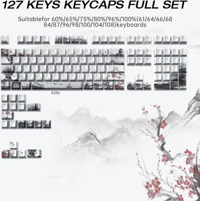Alt view image 3 of 5 - XVX PBT Japanese Keycaps, Shine Through White Keycap, Plum Blossom Custom Keycap Set 127 Keys, Doubleshot Key caps, Cherry Profile Keyboard Keycaps for Cherry Gateron MX Switches Mechanical Keyboards