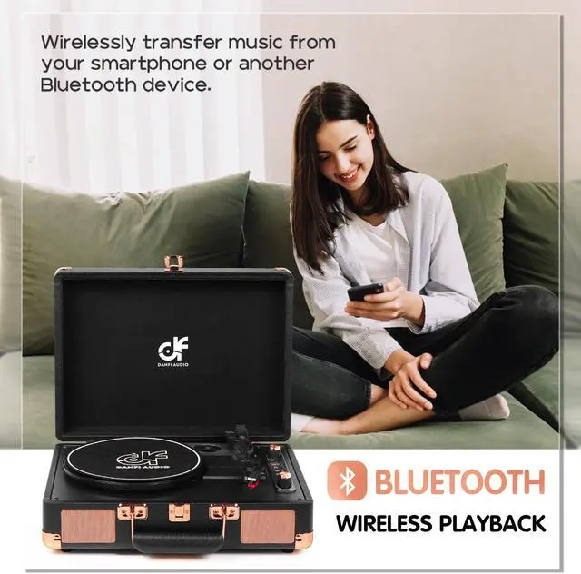 Alt view image 3 of 5 - Record Player 3 Speed Portable Suitcase Vinyl Record Player with Built-in Speakers, Bluetooth Input, USB Recording, RCA-Out/AUX-in, Headphone Jack Vintage Turntable Black
