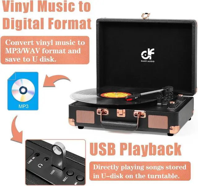 Alt view image 4 of 5 - Record Player 3 Speed Portable Suitcase Vinyl Record Player with Built-in Speakers, Bluetooth Input, USB Recording, RCA-Out/AUX-in, Headphone Jack Vintage Turntable Black