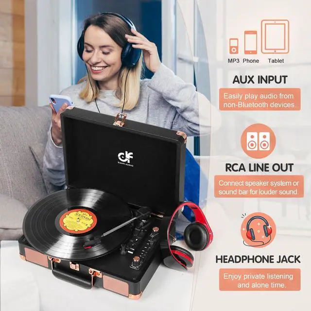 Alt view image 5 of 5 - Record Player 3 Speed Portable Suitcase Vinyl Record Player with Built-in Speakers, Bluetooth Input, USB Recording, RCA-Out/AUX-in, Headphone Jack Vintage Turntable Black