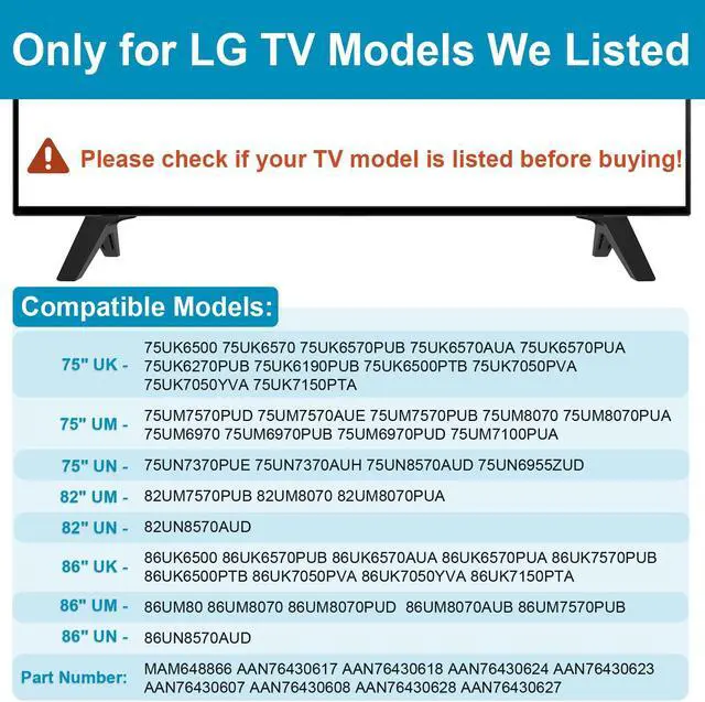 Alt view image 3 of 5 - TV Stand for LG TV Legs, Only for LG 75" 82" 86" TV Models We Listed, for 75UK6500 75UK6570 75UM7570 75UN6955 75UN7370 82UM7570 82UM8070 82UN8570 86UK6500 86UK6570 86UM8070 86UN8570 with Screws