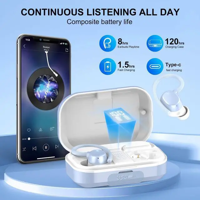 Alt view image 2 of 5 - Wireless Earbuds Bluetooth Headphones 120hrs Playtime HiFi Stereo Wireless Headphones with Mic Deep Bass Wireless Earphones with Dual LED Display USB-C IP7 Waterproof Earbuds for Running Sports Blue