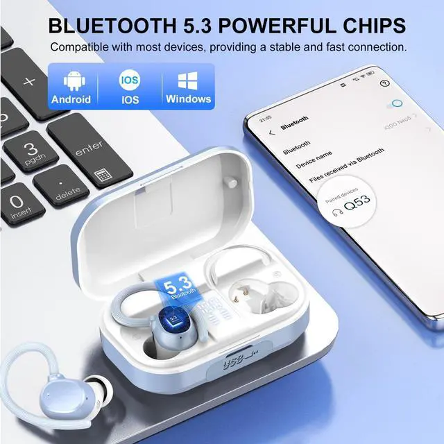 Alt view image 5 of 5 - Wireless Earbuds Bluetooth Headphones 120hrs Playtime HiFi Stereo Wireless Headphones with Mic Deep Bass Wireless Earphones with Dual LED Display USB-C IP7 Waterproof Earbuds for Running Sports Blue