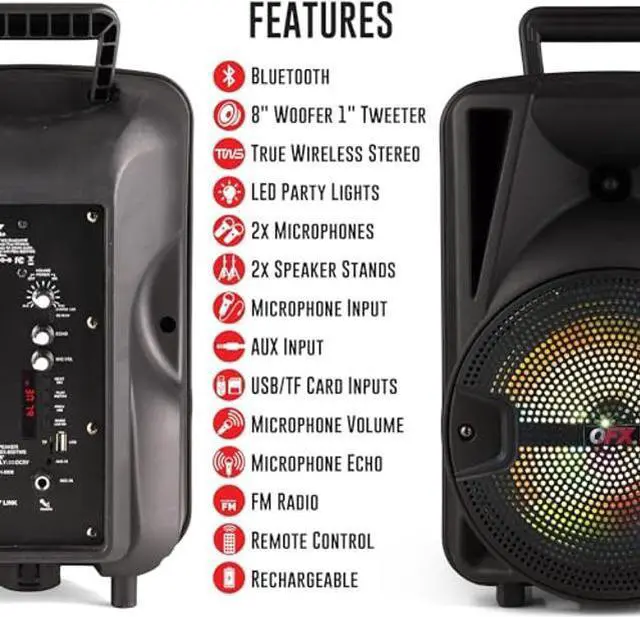 Alt view image 5 of 5 - QFX PBX-800TWS 8-Inch TWS Bluetooth Stereo PA System with 2 8" Speakers, 2 Microphones, 2 Stands, and a Remote Control
