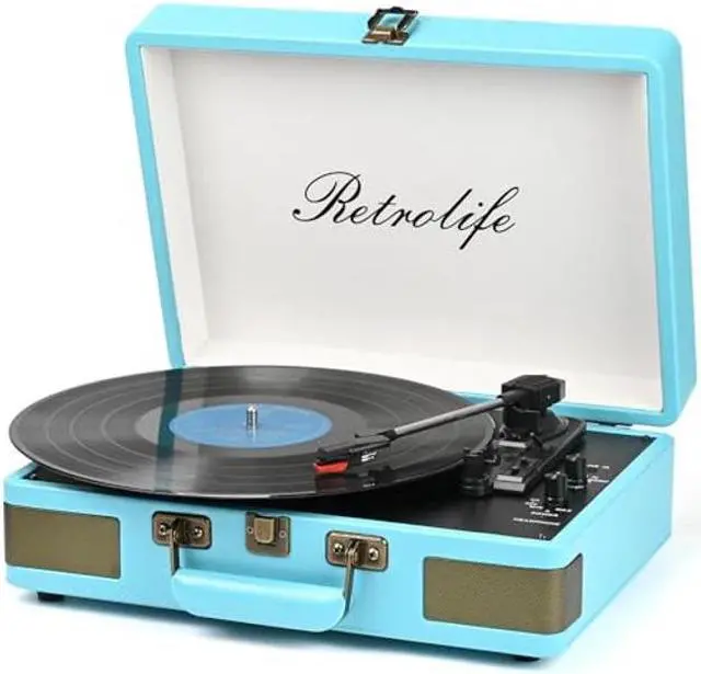 Main image of Record Player 3 Speed Bluetooth Portable Suitcase Vinyl Player with Built-in Speakers Turntable Enhanced Audio Sound PU Leather Vintage Blue
