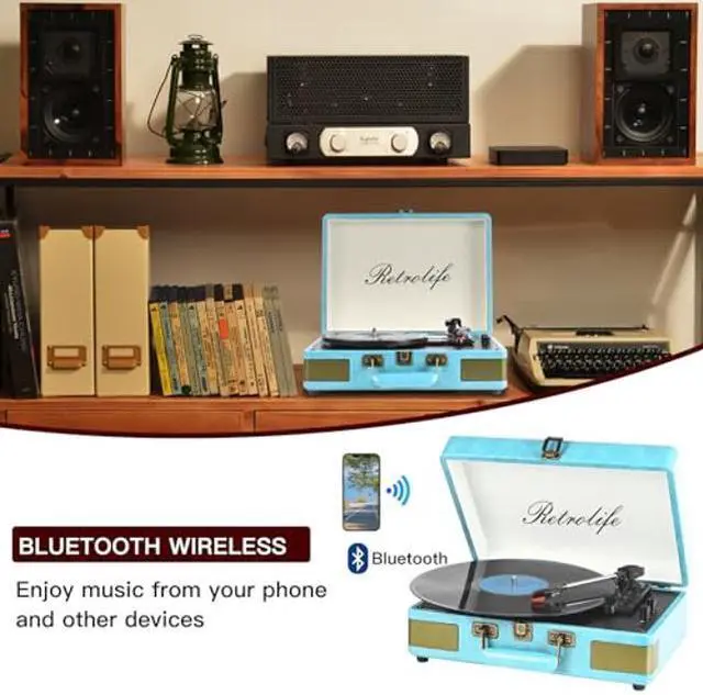 Alt view image 2 of 5 - Record Player 3 Speed Bluetooth Portable Suitcase Vinyl Player with Built-in Speakers Turntable Enhanced Audio Sound PU Leather Vintage Blue
