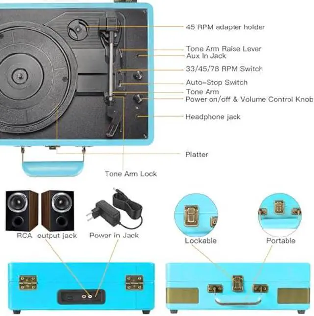 Alt view image 4 of 5 - Record Player 3 Speed Bluetooth Portable Suitcase Vinyl Player with Built-in Speakers Turntable Enhanced Audio Sound PU Leather Vintage Blue