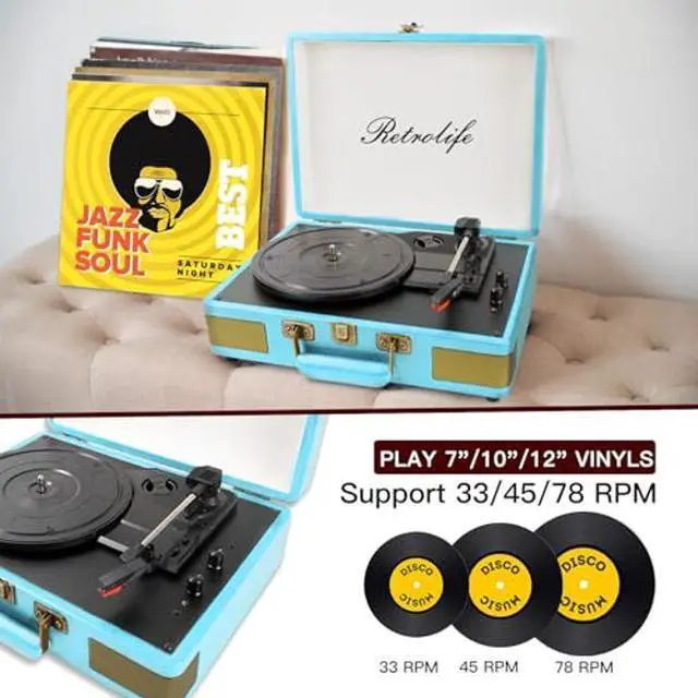 Alt view image 3 of 5 - Record Player 3 Speed Bluetooth Portable Suitcase Vinyl Player with Built-in Speakers Turntable Enhanced Audio Sound PU Leather Vintage Blue