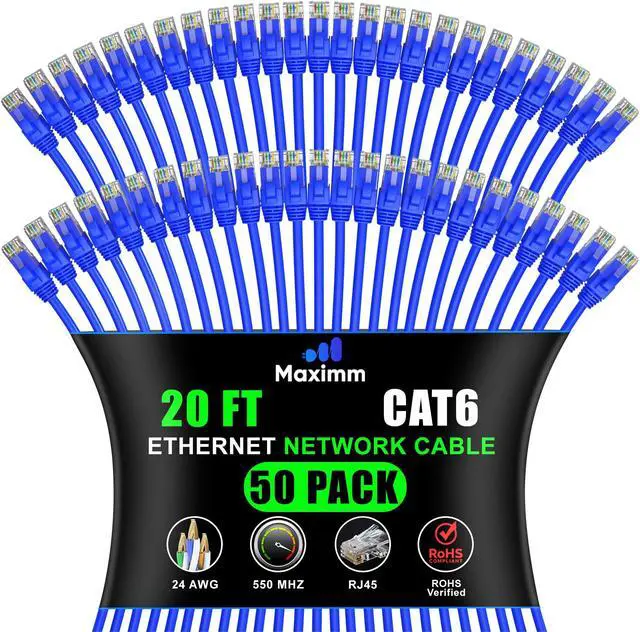 Main image of Maximm Cat 6 Ethernet Cable 20 ft (50-Pack) - High-Speed LAN Cable, Internet Cable, Patch Cable, and Network Cable - UTP, 10Gbps, 550MHz Ethernet Cord - Blue