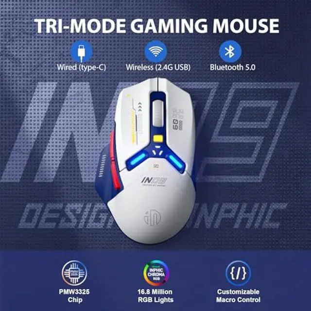Alt view image 2 of 5 - INPHIC IN9 Wireless Gaming Mouse, True Tri-Mode Bluetooth/Type-CWired/2.4G Wireless Mouse, 10000 DPl, Fully Programmable, RGB Backlit, Rechargeable Wireless Computer Mouse for Laptop PC Mac-White-Blue