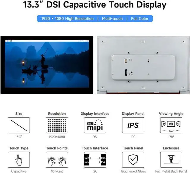 Alt view image 3 of 5 - waveshare 13.3inch High Resolution DSI Capacitive Touch Display, Compatible with Raspberry Pi 5/4B/3B/CM3/3+/4, 1920 x 1080, IPS, DSI Interface, 10-Point Touch, Full Metal Back Panel